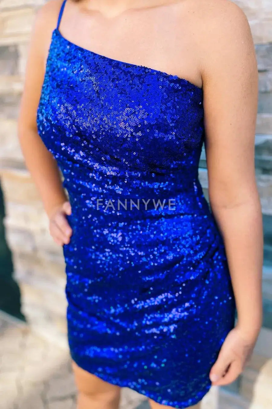 FannyWe Simple Royal Blue Sequin One-Shoulder Backless Tight Mini Dress formal wear dresses